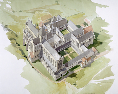 Bird's eye view of Rievaulx Abbey looking south eats, in the 15th century (w/c on paper)