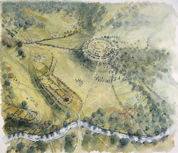 Old Sarum - aerial view during the Bronze age, 2003 (w/c on paper)