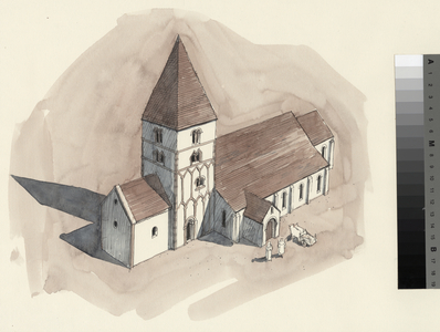 Reconstruction drawing of St. Peter's Church during the Norman period (w/c on paper)