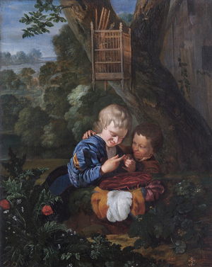 Boys With Trapped Bird (oil on oak panel)