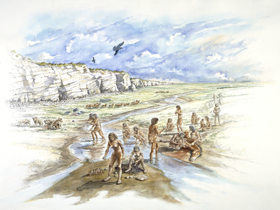 Boxgrove panorama showing people in the landscape using tools (w/c on paper)