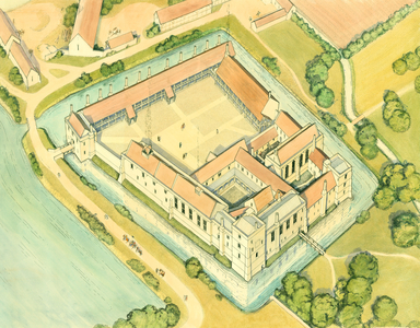 Aerial reconstruction drawing of Bishop's Waltham Palace in 1450 (w/c on paper)