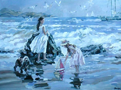 Two Girls and their Dog beside the Sea (oil on canvas)