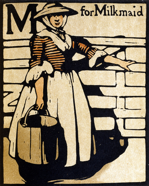 M for Milkmaid, illustration from 'An Alphabet', published by William Heinemann, 1898 (hand-coloured woodcut)