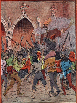 Announcement of a new tax in 1382 under the reign of Charles VI, the population tired of tax oppression rose (revolts of the maillotins or the harelle, scene of popular lifting on the Place de l'Hotel de Ville in Paris on 1/03/1382) (Announcement of a new tax in France, 1382 during the reign of Charles VI, who will cause popular revolts in Paris (Maillotins Revolt), bloody days in Paris in march 1382) Illustration by Louis Charles Bombled (1862-1927) from Les grandes journees de l'Hotel de ville” by Mercier, Private Collection