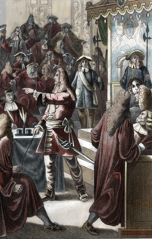 Louis XIV (1638 - 1715) pronouncing before the members of Parliament the phrase “” L'etat c'est moi”” on 13 April 1655 (Louis XIV visiting the French Parliament and says “” I am the state”” 1655) Engraving 1842 Private collection
