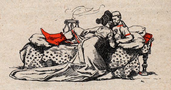Ancient Rome: the Roman Emperor Claude and Messaline entwined on beet skins, from 'The Latin Orgy' by Felicien Champsaur (1858-1934)