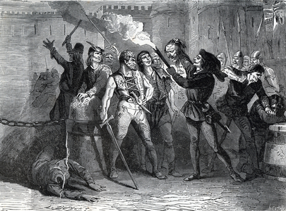 Guerre de cent ans, guerre civile entre Armagnacs et Bourguignons, revolte des cabochiens : un cabochien presente a Capeluche (mort en 1418) bourreau de Paris la tete de Henri de Marle (-1418) (Hundred Years' War, civil war between the Armagnacs and the Burgundians, Cabochien revolt : a ecorcheur shows to the executioner Capeluche the head of Henri de Marle, 1418) Gravure tiree de ""Paris-a-travers-les-siecles"" de H Gourdon de genouillac 19eme siecle