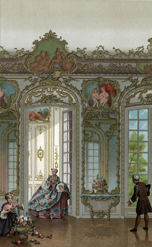 Portrait of Jeanne-Angelique Rocque de Varengeville (1683-1763), wife of Claude Louis Hector de Villars at the Hotel particulier de Villars, rue de Grenelle, in the 7th arrondissement, Paris (Portrait of Jeanne Angelique Rocque de Varengeville (1683-1763), wife of Claude Louis Hector de Villars in their townhouse of Villars, Paris) Chromolithography from” “18th century, uses and costumes” by Paul Lacroix, 1875 Private collection