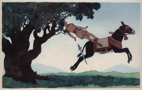 Representation of Absalom (or Avshalom, Absalon), son of David, in the forest of Ephraim, his hair is caught in the branches of an oak Plate taken from “The holy life”” illustrated by Andre edouard (AE) Marty (1882-1974) 1938 - “” Representation of Absalom (or Absalom, Absalom), son of David, in the forest of Ephrom Aim, her hair caught in the branches of an oak”” Illustration by AE Marty from “The Holy Life””, 1938 - Private collection