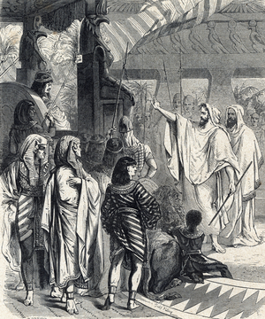 Moise et Aaron se rendant aupres du pharaon (Moses and Aaron visiting the pharaoh) Gravure tiree de 'L'histoire sainte"" de Lahure 19eme siecle Collection privee