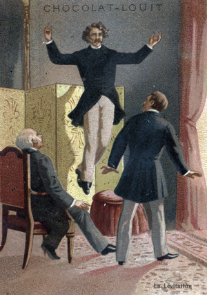 Paranormal Phenomene: The Levitation of the Medium and Scottish Seer Daniel Dunglas Home (1833-1886) rising in the air under the eyes of stupedone witnesses, in an apartment in London - (Daniel Dunglas Home, the famous Scots-born medium of the nineteeth century, levitates himself in front of witnesses in a house in London) Chromolithography of the end of the 19 th century Private Collection