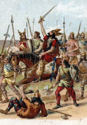 Clovis I king of the Franks, during the battle of Tolbiac in 496, 19th century (chromo)