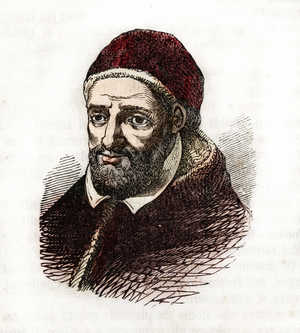 Representation of Pope Clement VIII (Clemente or Clemens) (1592-1605) Drawing from “” Misteri del Vaticano”” by Franco Mistrali