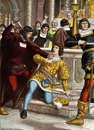 La congiura dei Pazzi The conspiracy (conspiracy or conspiracy) of the Pazzi - On Sunday, April 26, 1478, in Florence, an eheating occurred during mass in the cathedral of Florence (Duomo santa Maria dell Fiore) - It ended in the death of Julien de Medicis (Giuliano de Medici) (1453-1478) (Pazzi conspiracy, plot by members of the Pazzi family and others to displace the de 'Medici family as rulers of Renaissance Florence - On 26 April 1478 there was an attempt to assassinate Lorenzo de' Medici and his brother Giuliano de 'Medici who was killed) Illustration by Tancredi Scarpelli (1866-1937) from “Storia d'Italia” by Paolo Giudici”, 1930 Private collection