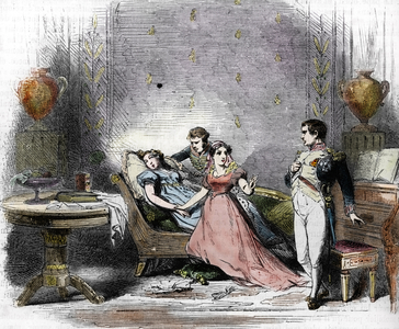 Divorce of Napoleon I (1769-1821) and Impress Josephine (1763-1814), fainted by her children Eugene and Hortense, 16 December 1809 (The emperor Napoleon I announces to Josephine their divorce, she fainted and is supported by her son Eugene and her daughter Hortense, 16th December 1809) Engraving from ““History of France” by Lahure, 1866 Private collection