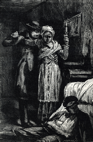 Gervaise and Lantier finding Coupeau drunken-dead lying on the ground Illustration of “” The darker”” by Emile Zola, 1884