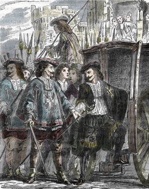 The arrest of Nicolas Fouquet (1615-1680) by Charles de Batz-Castelmore, Count of Artagnan (1611-1673) in Nantes, 5/09/1661. 19th century (engraving)