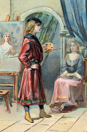Portrait of the painter Raphael (Raffaello Sanzio 1483 - 1520) painting the Fornarina (Italian painter Raphael and the young lady called the Fornarina) Chromolithograph 19th century Private collection