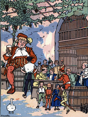 Gargantua drinks the wine of Caves Peintes Illustration by Pierre Couselles (died 1938) taken from “Gargantua” by Francois Rabelais, 1926 Private collection