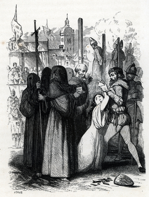 Spanish Inquisiton: representation of a woman condemned during an autodafe, ceremony of public penitence organized by the Spanish Inquisition Tribunal 15th - 16th century (auto-da-fe or auto-de-fe ritual of public penance of condemned heretics and apostates that took place when the Spanish Inquisition) Engraving from “Revue historique et fastes litteraries”” 1845