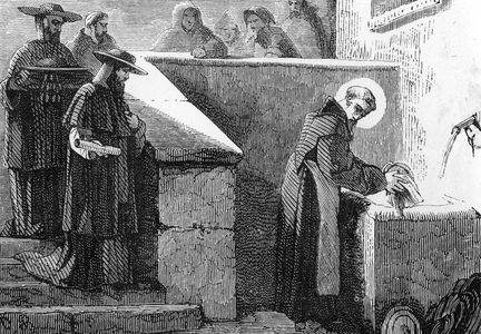 Representation of Saint Bonaventure of Bagnoregio (1221-1271) selected for the post of Archbishop of York by Pope Clement IV in 1265, refusing the promotion. 19th century (engraving)