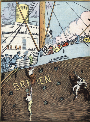 The German transatlantic liner Bremen theatre of violent protests against Nazism in the port of New York, USA, 26/07/1935 (As Nazism gained power in Germany, Bremen and her pier in New York were often the site of Anti-Nazi demonstrations - On 26th July 1935 a group of demonstrators boarded Bremen just before she sailed and tore the German flag from the jackstaff and tossed it into the Hudson River) Illustration from “” Le pelerin”” 11th august 1935 Private collection