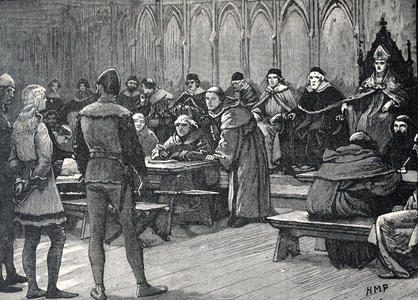 Trial of Joan of Arc, 1431: Cardinal Henry Beaufort, Bishop of Winchester, interrogates Joan of Arc (The Proces of Joan of Arc, 1431) Engraving from “” Les grandes infortunes”” by Changer et Spont, 19th century Private collection
