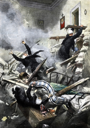 Disaster in a building in Genoa: good sisters disappeared in the collapse of two apartments. Ill. de Beltrame. “La Domenica del Corriere”. 04/1914.