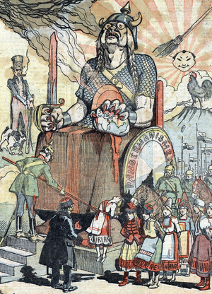 The end of Pangermanism in 1918 as a viking with a tip helmet renouncing the German-speaking central states (End of Pan-Germanism in 1918) Illustration taken from “” Le pelerin”” 17/03/1918 Collection privee Â