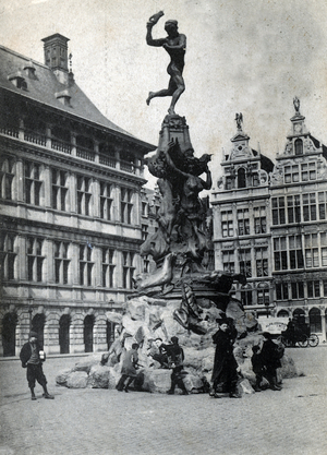 View of the Brabo fountain in Antwerp, Belgium Postcard from the beginning of the 20th century