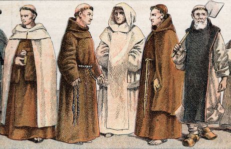 Religious costumes: from g a d portrait of a monk of the Order of Mount Carmel (Carme), a Franciscan monk, a Capuchin and a Trappist monk - Engraving - Religious costumes in the ancient times: from left to right, portrait of Carmelite friar, a franciscan monk, a monk from the Carthusian Order, a monk from the Order of Friars Minor Capusian uchin and a Trappist (Order of Cistercians of the Strict Observance) - Engraving - Private collection