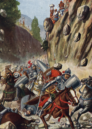 The Condottiere Konrad von Landau, known as Count Lando guiding an army called The Great Company, and sowing terror in the villages of northern Italy, was attacked by the inhabitants in a valley of the Appenins, 1358 (The troops of Count Lando being attacked by peasants during a ambush, 1358) Illustration of Tancredi Scarpelli (1866-1937) from “” Storia d'Italia”” (History of Italy) by Paolo Giudici, 1930 Private Collection