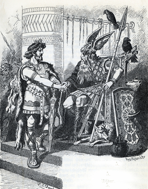 Nordic mythology: Vidar et Odin (Norse mythology: Vidar (Vithar, Vidarr, and Vitharr) and Odin) Engraving from “Nordisch-Germanische Gotter und Helden” by Wilhelm wagner 1901