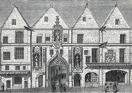 View of the College of Navarre, former entrance of the Ecole Polytechnique demolie in 1811, rue de la Montagne Sainte Genevieve a paris (View of the college de Navarre one of the colleges of the historic University of Paris, rivaling the Sorbonne and renowned for its library) Engraving from “” L'Ecole et la science” 1887