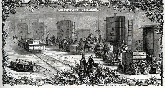 Production of Cognac, brandy made in the region of Cognac in Charente, view of the stage of bottling (production of Cognac, variety of brandy named after the town of Cognac, France, the bottling) Engraving from “” La mosaique” 1873