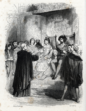 Spanish Inquisiton: Portrait of Tomas de Torquemada (1420-1498) holding a crucifix against the kings of Spain Isabella of Castile and King Ferdinand II of Aragon, circa 1483 - 1498 (Spanish Dominican friar and the first Grand Inquisitor Tomas de Torquemada and kings of spain Isabel of Castile and Ferdinand II) Engraving from “Historical Review” fastness litteraries”” 1845