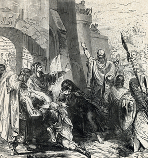 Absalom or Avshalom son of King David takes refuge in Geshour after killing Amnon who has raped his sister Tamar. 19th century (engraving from 'L'histoire sainte' by Lahure)