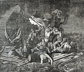 The shipwrecks of the raft of the French frigate Meduse 2nd july 1816 off the coast of Mauritania) Engraving from “” La mosaique” 1843 Collection privee