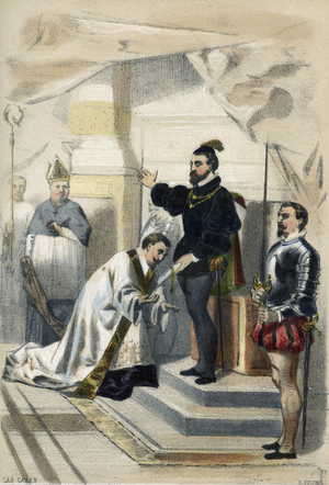 Dominican priest and missionary Bartolome de las Casas (1484-1566) against King of Spain Charles I (Charles V); circa 1520 (Dominican friar and protector of the Indians Bartolome de las casas facing king of Spain Charles I (emperor Charles V), 1520 ca) Lithograph from “The angels of the Earth” by Saintes, 1844 - privately