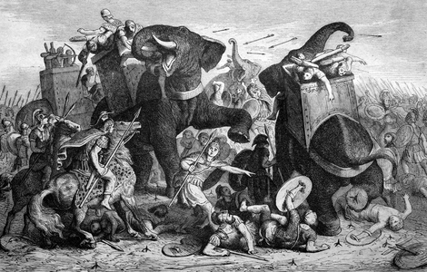 War between Diadochs: Battle of Gaza between Ptolemee I (satrape of Egypt) and Demetrios I Poliorcete in 312 BC (Battle of Gaza was a battle of the Third war of the Diadochi between Ptolemy and Seleucus against Demetrius (son of Antigonus I Monophthalmus) in 312 BC) Engraved from “History of the world” by Riden Path 1885 Private Collection