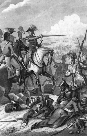 The Battle of Waterloo Guided by the Duke of Wellington - He is at the head of the English troops against the French Imperial Guard, 18/06/1815 (The Battle of Waterloo decided by (Arthur Wellesley), the Duke of Wellington, heading a charge upon the French Imperial Guards, June 18th 1815) Engraving from “Bilder-Gallerie zur allgem” by Rotteck 1843 Collection private