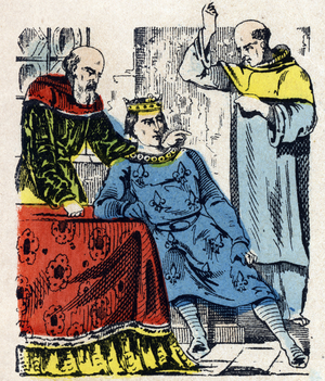 Second Crusade: King Louis VII (1120-1180) and Bernard de Clairvaux organize the second Crusade in 1145 (Second Crusade (1145 - 1149): Louis VII of France and Bernard of Clairvaux preparing the crusade, 1145) Image of Epinal 19th century Private Collection