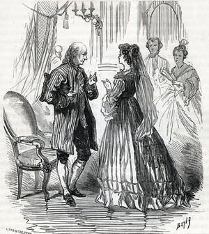 The prophet and french writer Jacques Cazotte (1719-1792) enunciating all the facts of the French Revolution during a society dinner at madam de Montmorency's house, with philosophers and scholars, 1788. 19th century (engraving printed about "Memoires de Sanson")
