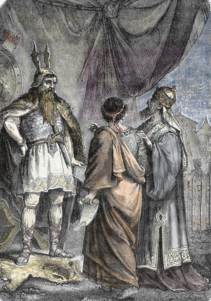 Meeting of Attila and Pope Saint Leon I the Great (440-461): the barbarian Attila, leader of the people of the Huns, meets Pope Saint Leon the Great who managed to convince him to spare Italy in 452 AD (Invasion of the Huns in Northern Italy, 452 and advance on Rome, Pope Leo I persuaded Attila to retreat) Engraving from “” Roman Impresresses” “1888 Private collection