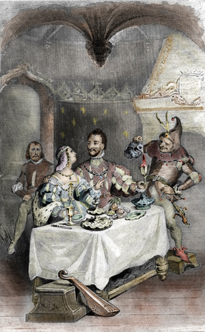 King Francois I (1494-1547) and with his mistress Anna Jeanne de Pisseleu d'Heilly, Duchess of Etampes (1508-1580). 19th century (engraving from “Mysteres des vieux chateaux de France” by Le Francois)