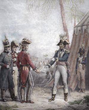 Thomas Maitland (1759-1824) military and British colonial administrator met Toussaint Louverture (1743-1803) on 31/08/1798 to sign an agreement ending the British presence on the island of Haiti in exchange for the promise of the Haitian general not to export the slave revolution to Jamaica. 19th century (engraving)