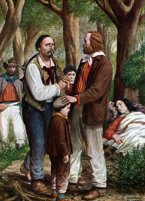 Risorgimento: Giuseppe Garibaldi Italian patriot (1807-1882) congedie Angelo Brunetti dit Ciceruacchio a la mort d'Anita, August 1849”” (Italian patriot Giuseppe Garibaldi leaving Angelo Brunetti called Ciceruacchio as Anita dying, august 1849) Illustration by Tancredi Scarpelli (1866-1937) “” Storia d'Italia”” by Paolo Giudici, 1930 Private Collection