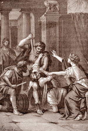 The Roman Emperor Caracalla (188-217) murdered his brother Geta in the arm of his mother in 211 (The Roman emperor Caracalla (188-217) murdered his brother Geta in the arms of his mother, 211 AD) Engraving from “The Roman Imperresses” 1888 Private Collection