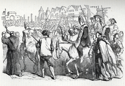 Spanish Inquisition, autodafe (auto da fe) (auto da-fe): procession of victims sentenced for heresie at the Bucher, Spain 16th century (Inquisition and autodafe in Spain, 16th century) Engraving Private collection